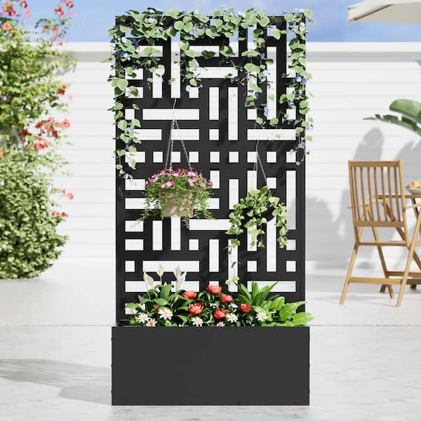 59 in. x 11 in. x 30 in. Black Metal Iron Raised Beds Planter Box with Attached Trellis for Climbing Vegetation