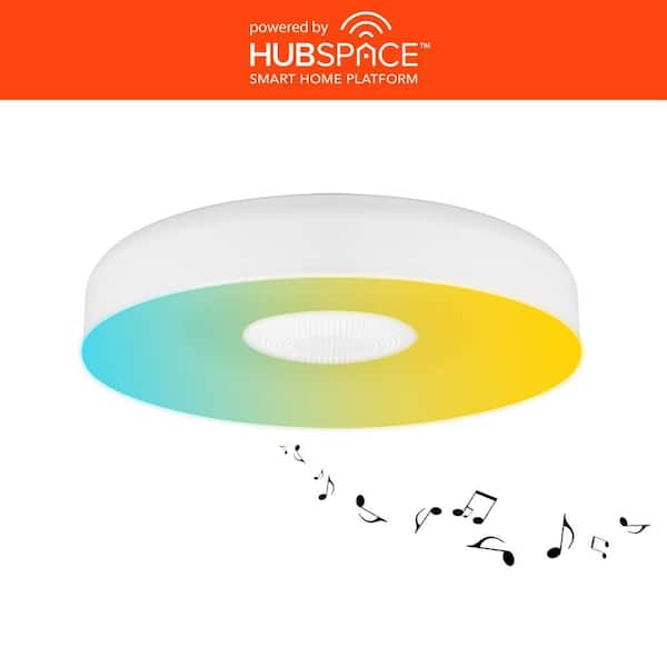 13 in. White Smart Gradient Light Flush Mount with Bluetooth Speaker Powered by Hubspace