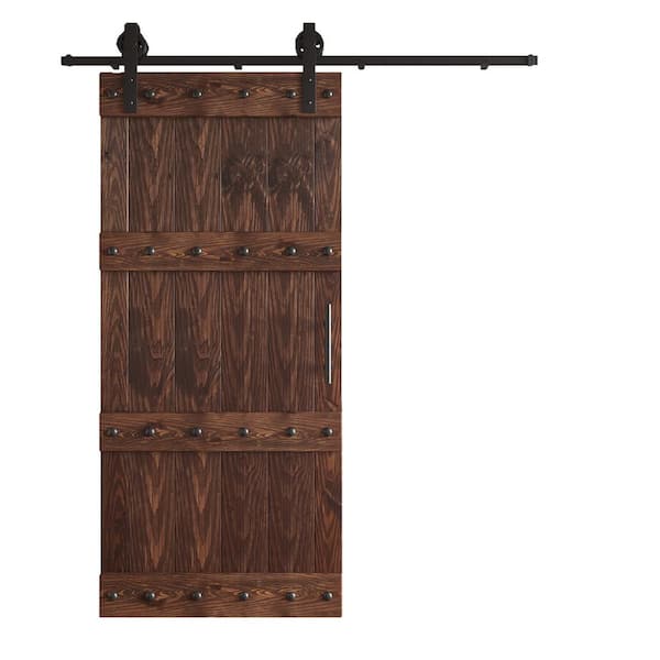 COAST SEQUOIA INC 36 in. x 84 in. Castle Series Embossing Dark Walnut Knotty Wood Sliding Door With Hardware Kit