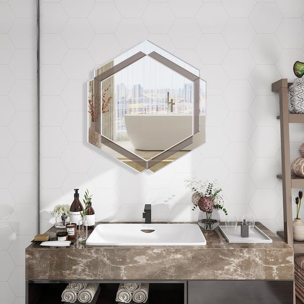 WELLFOR 28 in. W x 31.5 in. Hexagon Frame Wall Bathroom Vanity Mirror in Silver