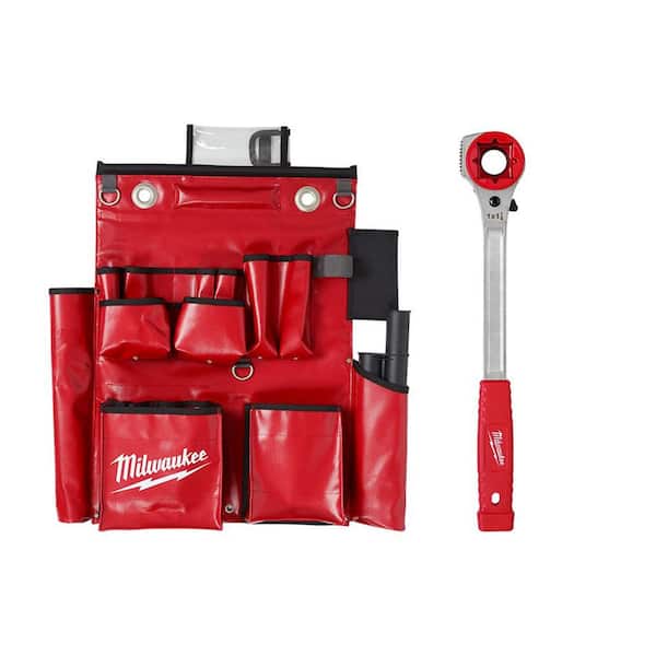 Milwaukee Lineman's Compact Aerial Tool Apron with Lineman's High Leverage Ratcheting Wrench with Milled Strike Face (2-Piece)