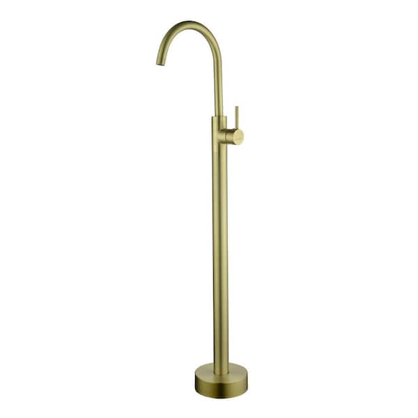 Single Handle Freestanding Floor Mount Tub Faucet with Supply Line in Brushed Gold
