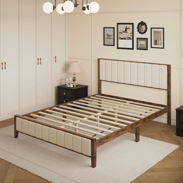 Brown Acacia Wood Bed Frame Queen Panel Bed with Upholstered Headboard and Solid Wood Legs