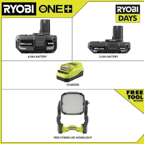 ONE+ 18V Lithium-Ion 4.0 Ah Battery, 2.0 Ah Battery and Charger Kit with FREE ONE+ Cordless Hybrid LED Work Light