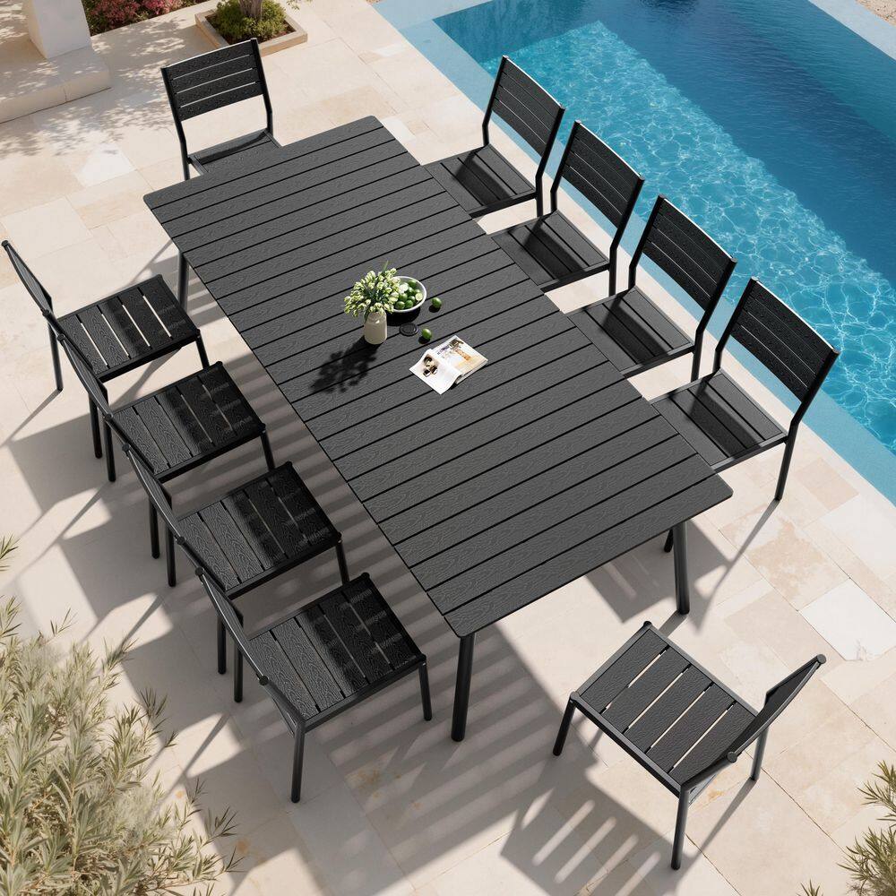 11-Piece Aluminum Frame Wood-Plastic Composite Rectangular Outdoor Dining Table Set with Umbrella Hole, Black price history on PriceWatchPro