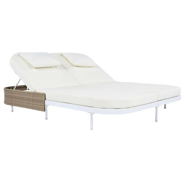 White Metal Patio Outdoor Day Bed with Beige Cushions, 5-Position Adjustable Backrest