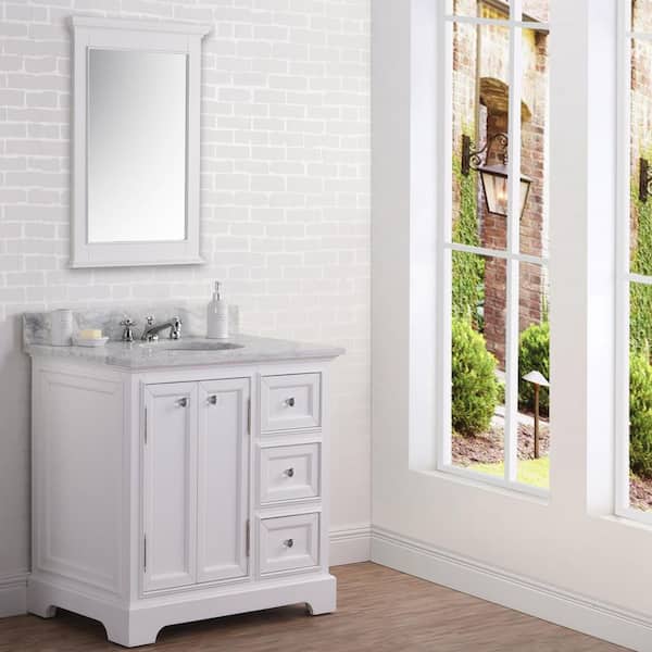 Derby 36 in. W x 34 in. H Vanity in White with Marble Vanity Top in Carrara White with White Basin