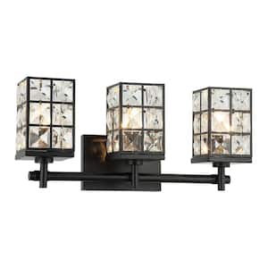 20 in. 3-Light Black Modern Vanity Light Wall Sconce with Crystal Cuboid Shade for Powder Room Bathroom