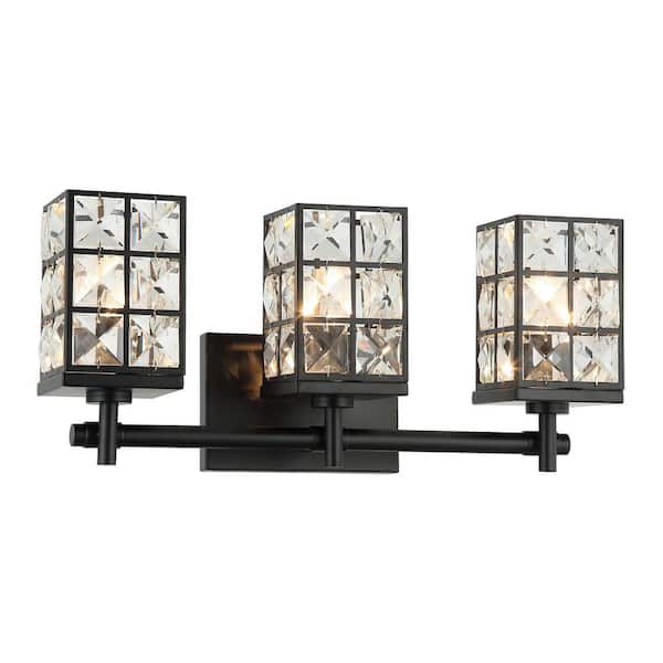 Parrot Uncle 20 in. 3-Light Black Modern Vanity Light Wall Sconce with Crystal Cuboid Shade for Powder Room Bathroom