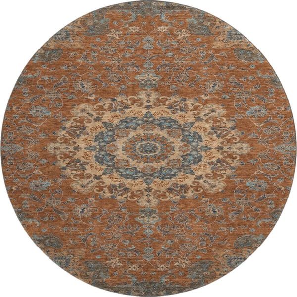Mayfield Premium Machine Washable Abstract AMF2489 Paprika 8 ft. x 8 ft. Round Rug