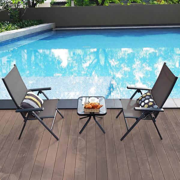 3-Piece Plastic Square 18.5 in. Patio Bistro Set Outdoor Dining Set w/2 Folding Chairs & Tempered Glass Table