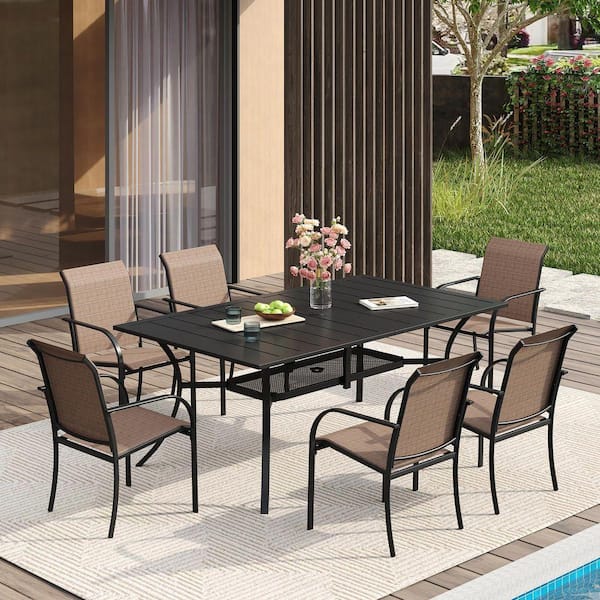 7-Piece Metal Outdoor Dining Set with Black Rectangular Table and 6 Brown Dining Chairs