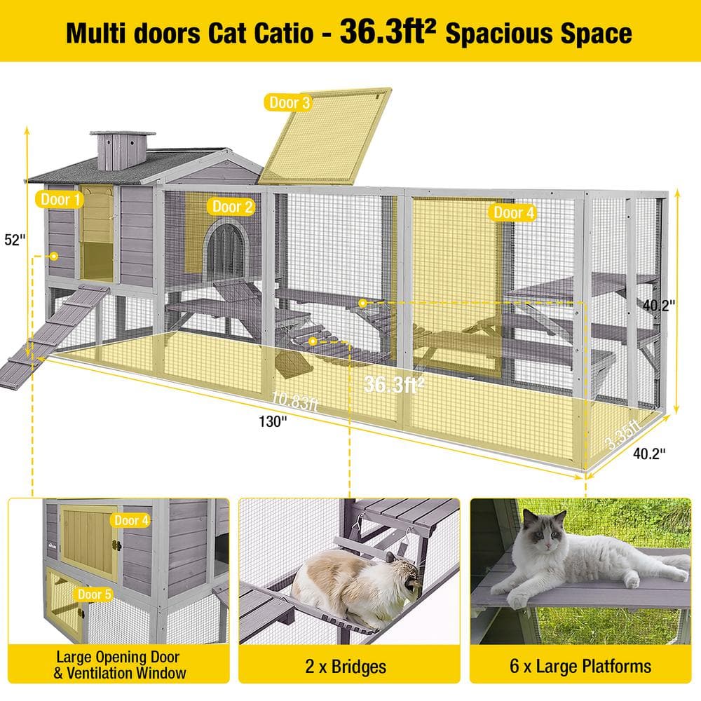 Large Gray Wooden Outdoor Cat House with Vertical Climbing Enclosure