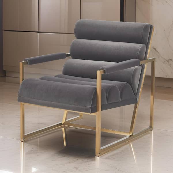 Benjara Gray and Brass Velvet Arm Chair with Square Steel Legs