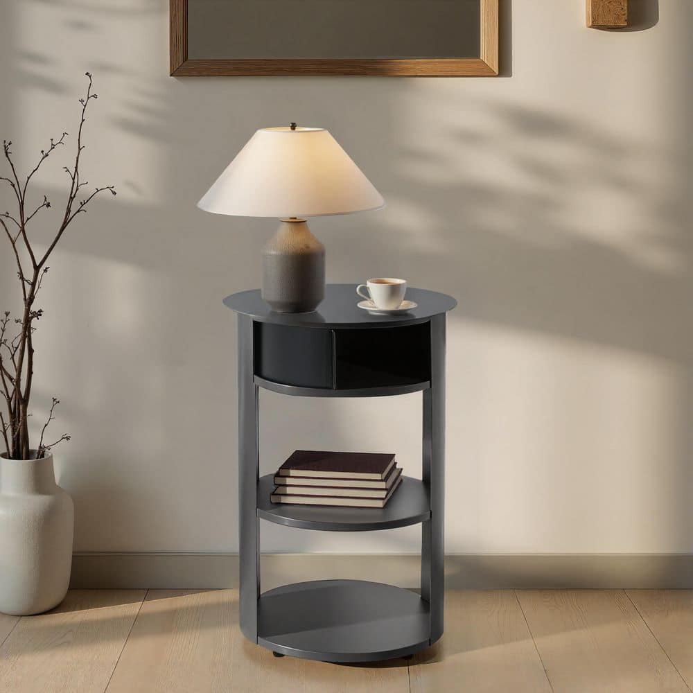 Galvin 15.35 in. Matte Black Round Metal End Table, Side Table with 3-Tier, Sliding Door Cabinet