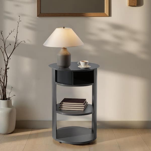 Galvin 15.35 in. Matte Black Round Metal End Table, Side Table with 3-Tier, Sliding Door Cabinet