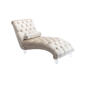 White Composite Outdoor Chaise Lounge with Beige Velvet Cushions