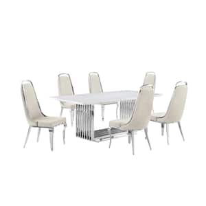 Lisa 7-Piece Rectangle White Marble Top Stainless Steel Base Dining Set With 6 Cream Velvet Chrome Iron Chairs