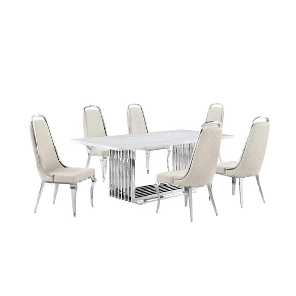 Best Quality Furniture Lisa 7-Piece Rectangle White Marble Top Stainless Steel Base Dining Set With 6 Cream Velvet Chrome Iron Chairs