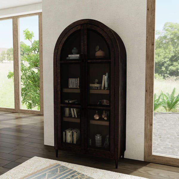 Galicia Espresso 89 in. Accent Cabinet Office Storage Cabinet with 4 Shelves and Doors with Durable Tempered Glass