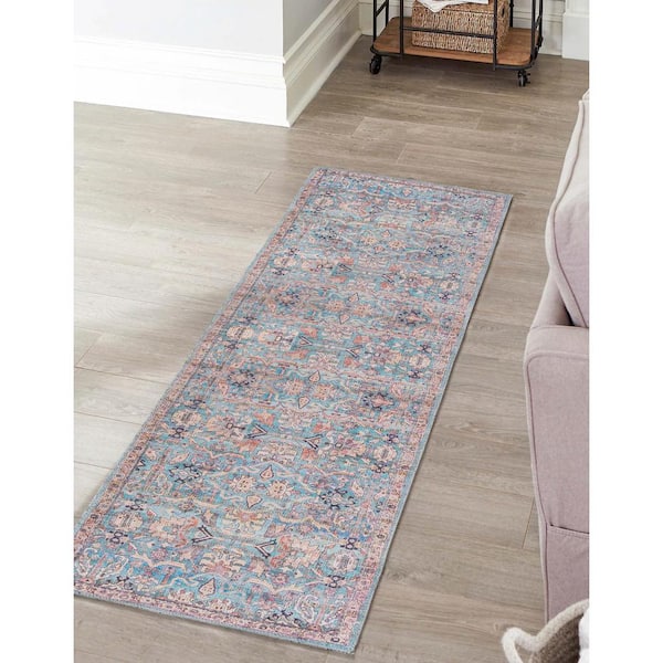 Nostalgia Katie Blue 2 ft. 7 in. x 12 ft. Machine Washable Area Rug