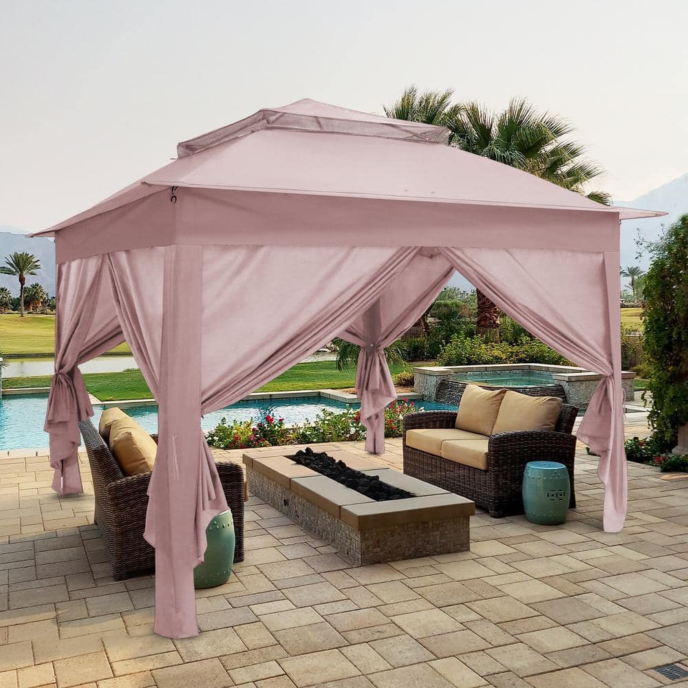 COOS BAY 11 ft. x 11 ft. Pink Portable Pop up 2-Tier Gazebo with 4 ...