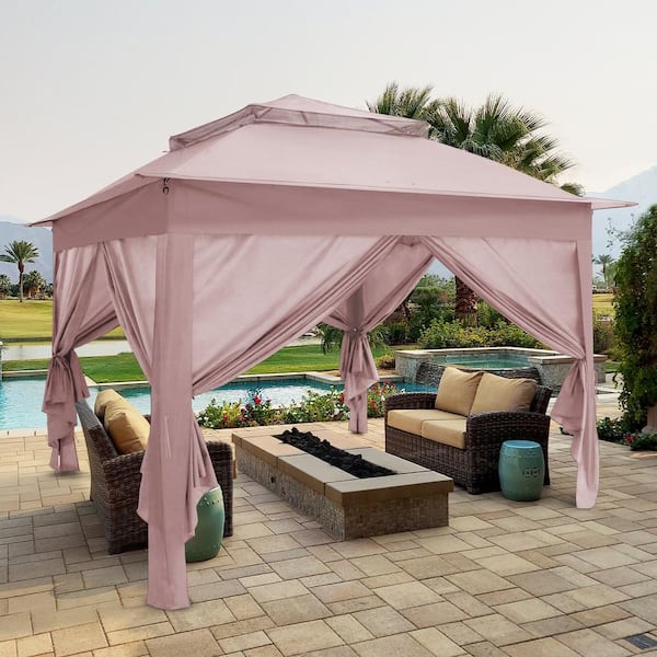 COOS BAY 11 ft. x 11 ft. Pink Portable Pop up 2-Tier Gazebo with 4 Sidewalls Outdoor Canopy Shelter with Carry Bag