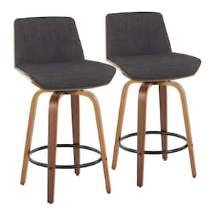 Corazza 26 in. Charcoal Fabric, Walnut Wood and Black Metal Fixed-Height Counter Stool (Set of 2)