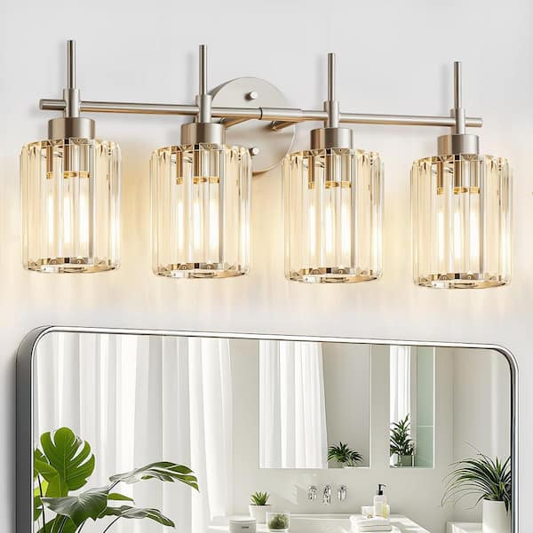 Vintage Modern 28.5 in. 4-Light Brushed Nickel Vanity Light with Beige Ribbed Glass Shades, Rust-Resistant