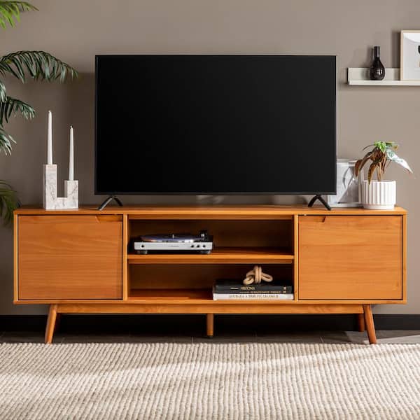 Walker Edison Furniture Company 70 in. Caramel Solid Wood Mid Century Modern TV Stand with 2-Doors (Max tv size 80 in.)