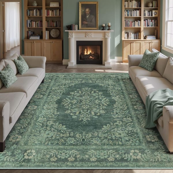 Kamuri Green 9 ft. x 12 ft. Vintage Washable Medallion Distressed Area Rug