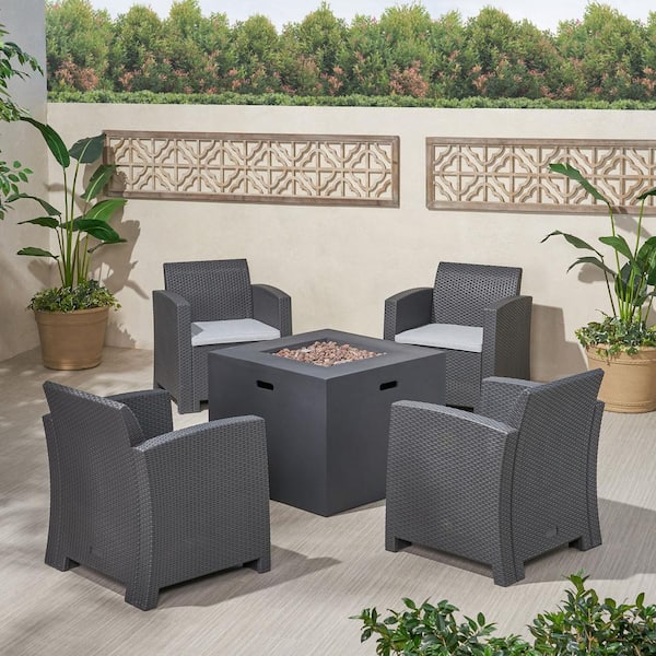 Noble House Houston Charcoal 5-Piece Faux Wicker Patio Fire Pit Set with Light Grey Cushions and Dark Grey Fire Pit