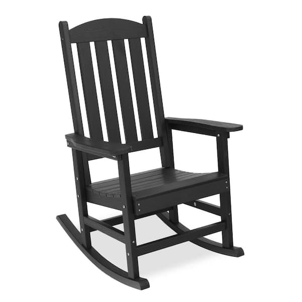LUE BONA Black Plastic Adirondack Outdoor Rocking Chair with High Back, Porch Rocker for Backyard