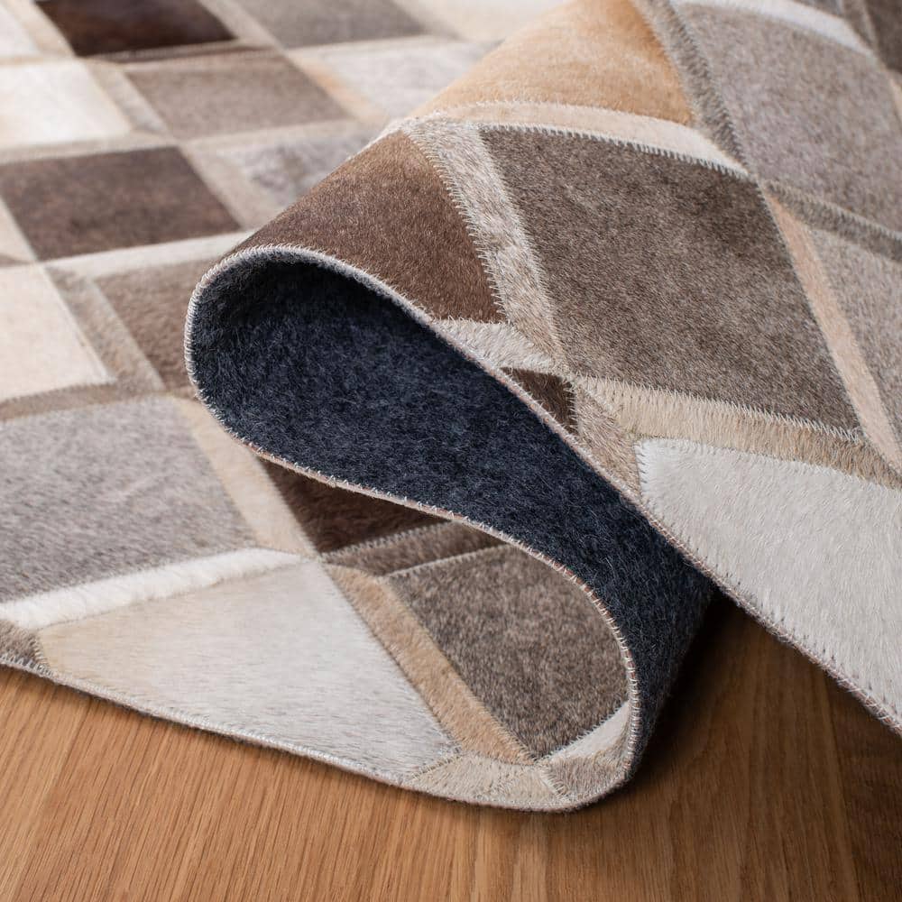 Ivory and Grey Geometric Hand-Knotted Cowhide Area Rug