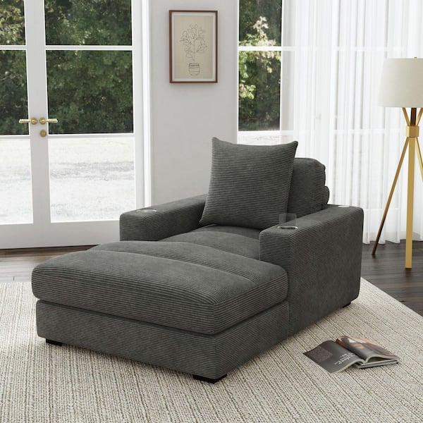 Mesa Charcoal Polyester with 1 Pillow 20 in. 2-Cupholders and 2 USB Track Arm Chaise Lounge in Black
