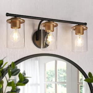 Modern 21.6 in. Matte Black and Satin Gold 3-Light Vanity Light with Cylinder Clear Glass Shades Bathroom Wall Light