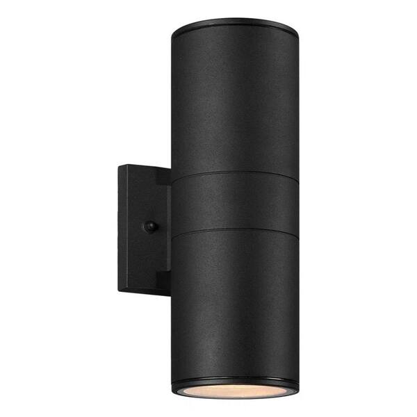 Lightania 12 in. Black Cylindrical Dusk to Dawn Outdoor Hardwired Wall Lantern Sconce with No Bulbs Included