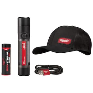 800 Lumens LED USB Rechargeable HP Fixed Focus Flashlight with GRIDIRON Black Adjustable Fit Trucker Hat