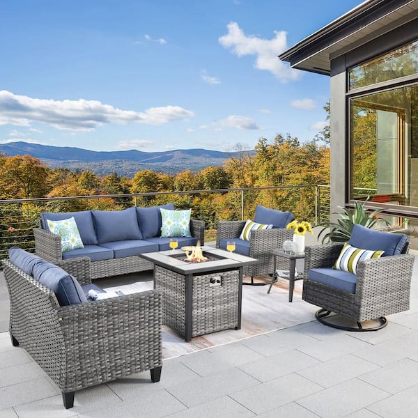XIZZI Jupiter 6-Piece Wicker Outdoor Patio Fire Pit Seating Sofa Set and with Denim Blue Cushions and Swivel Rocking