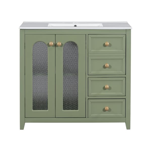 36 in. W x 18.2 in. D x 33.9 in. H Single Sink Freestanding Green Bath Vanity with White Ceramic Top