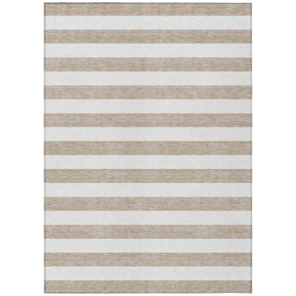 HomeRoots Taupe and White 3 ft. x 5 ft. Woven Striped Polyester Rectangle Indoor/Outdoor Area Rug