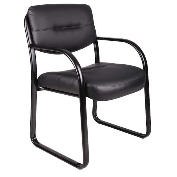 BOSS Office Products Black Leather Guest Chair with Arms, Black Steel Frame