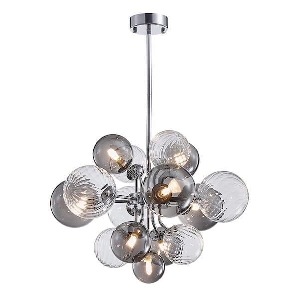 HUOKU 8-Light Chrome and Smoky Bubble;Island;Sputnik Cluster;Globe;Tiered Chandelier for Dining Room with Ribbed Glass