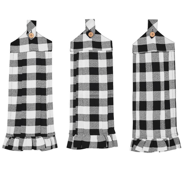 Annie Black Buffalo Check Button Loop Cotton Blend Kitchen Tea Towel Set (Set of 3)
