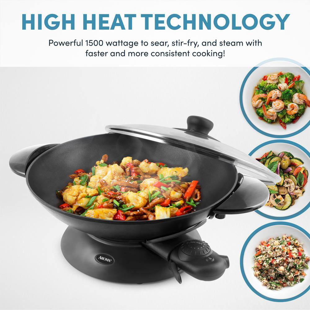 Aroma 5-Quart Black Electric Wok with Glass Lid