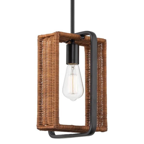 Kira Home Sadler 60-Watt 1-Light Black Modern Chic Pendant Light with Wicker Shade, No Bulb Included