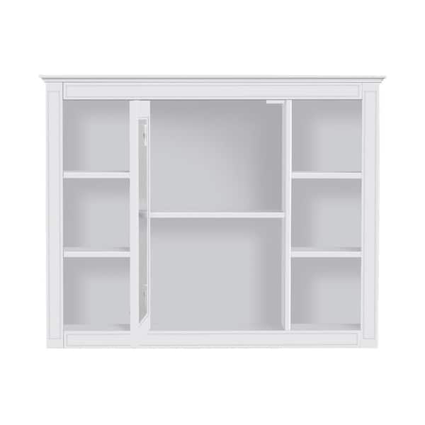 cadeninc 35 in. W x 7.32 in. D x 27.5 in. H Wall Mounted Bathroom Storage Cabinet in White with Mirror and 6 Open Shelves