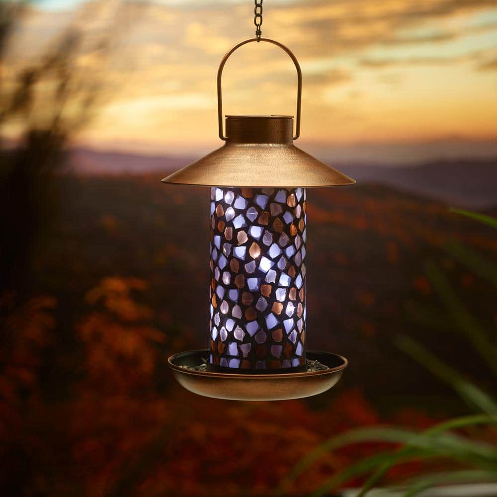 Adelie Mosaic Glass and Copper Hanging Solar Bird Feeder