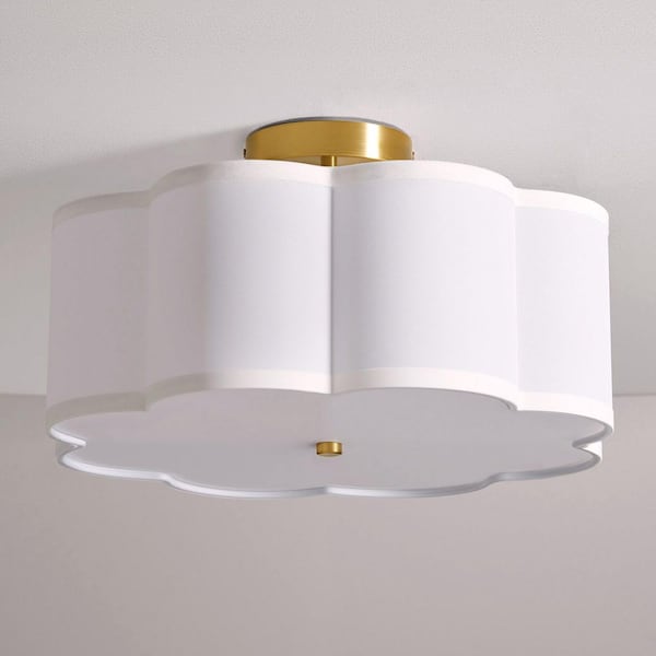 16 in. 3-Light Gold LED Semi-Flush Mount Ceiling Light Fixture with Petal Fabric Shade E26 Bases