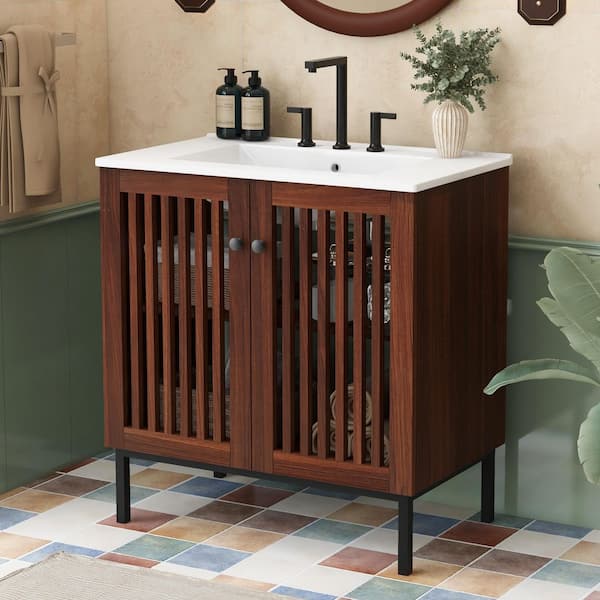 30 in. Freestanding Dark Brown Bath Vanity with White Ceramic Top, 2-Soft-Close Doors, 4-Sturdy Iron Legs